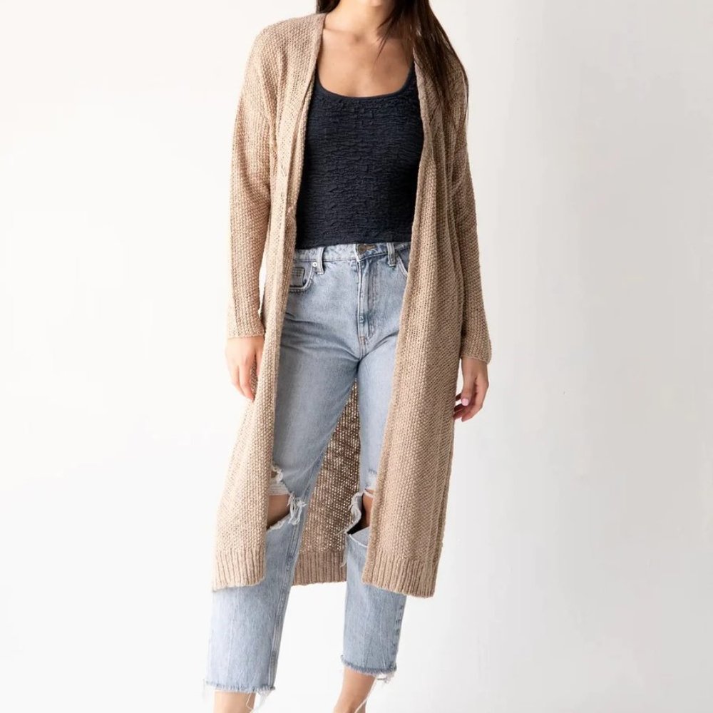 Long Open-Front Tan Knit Cardigan Sweater